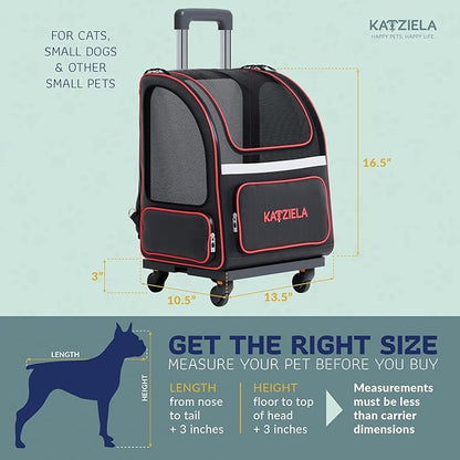 Katziela 4 Wheeled Pet Carrier Backpack - Soft Sided, Airline Approved Hiking Carrying Bag for Small Dogs and Cats – Removable Rolling Wheels – Mesh Ventilation Windows, Storage Pockets (Black/Red)