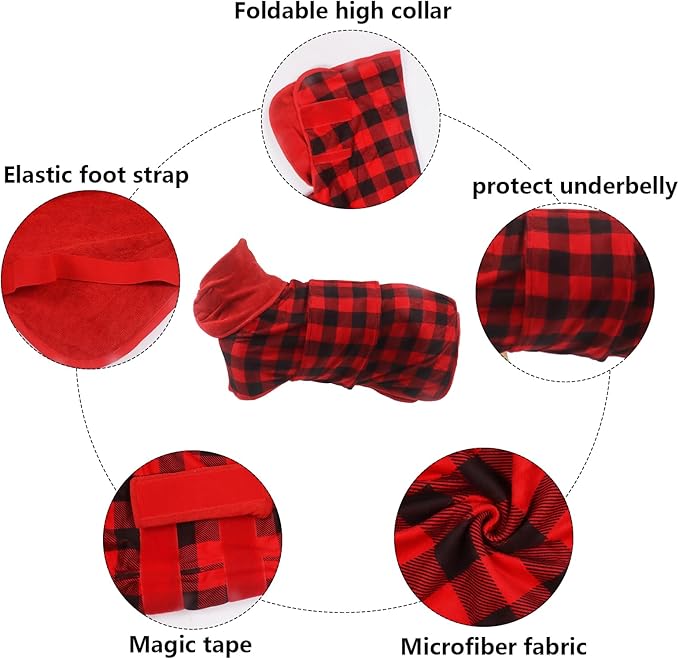 Geyecete Dog Drying Coat -Dry Fast Dog Bag - Dog Bathrobe Towel - Microfibre Fast Drying Super Absorbent Pet Dog Cat Bath Robe Towel,Luxuriously Soft-Red Black Grid-XXXL