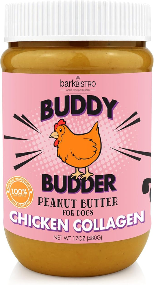 BUDDY BUDDER Bark Bistro Company, Chicken Collagen, 100% Natural Peanut Butter, Healthy Peanut Butter Dog Treats, Stuff in Toy, Dog Pill Pocket, Made in USA (17oz jars)