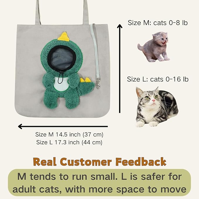 Cat Out Bag, Cute Cozy Cartoon Hands Free Show Head Cat Sling Carrier, Cat Restrainer Shoulder Bag for Outdoor Travel (Dino, Large)