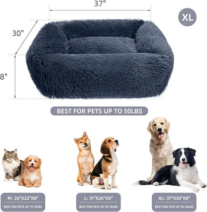 37 Inch Large Dog Beds for Small Medium Large Dogs, Comfy Pet Bed with Sides, Anti Anxiety Fluffy Dog Cuddler Beds, Rectangle Calminging Bed, Blue Grey