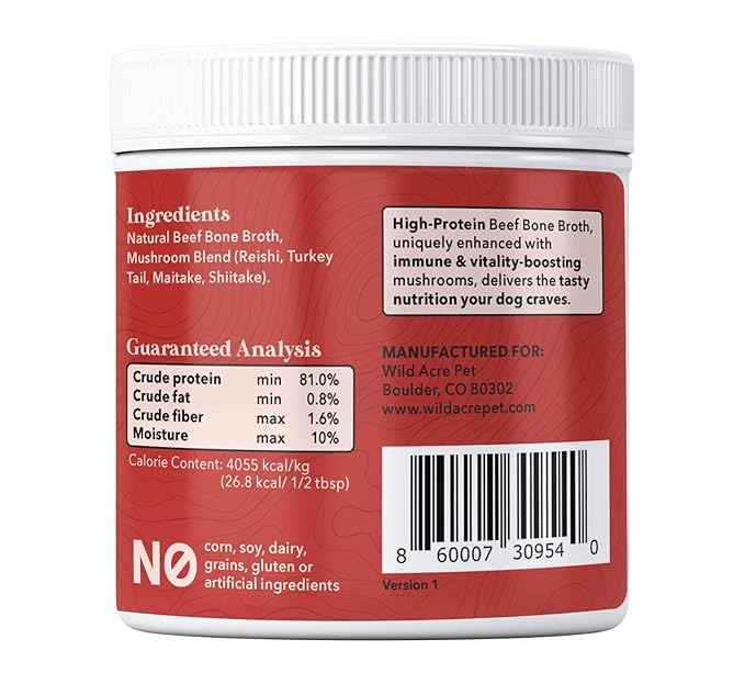 Wild Acre Premium Beef Bone Broth for Dogs – High Protein + Collagen Enhanced with Mushroom Blend for Strong Bones, Joint Flexibility, Digestive Comfort, and Immune Support - Natural Dog Food Topper