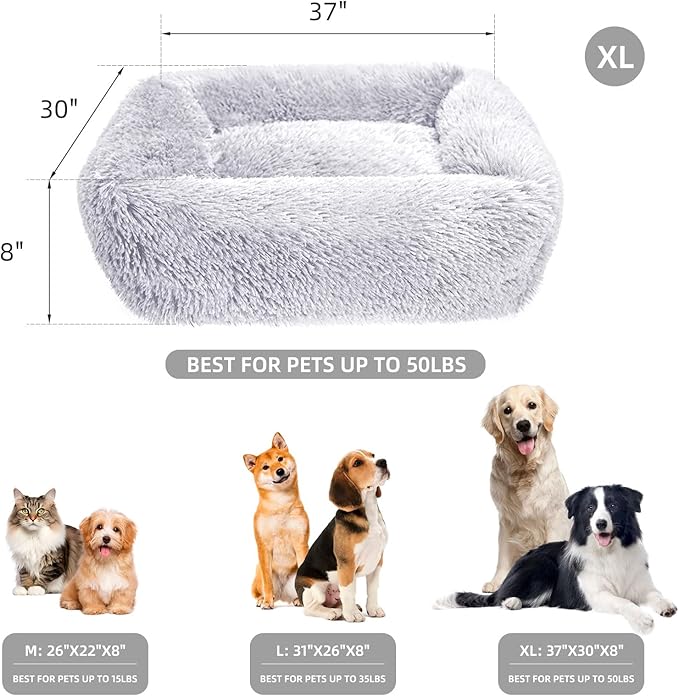 37 Inch Large Dog Beds for Small Medium Large Dogs, Comfy Pet Bed with Sides, Anti Anxiety Fluffy Dog Cuddler Beds, Rectangle Calminging Bed, Light Grey