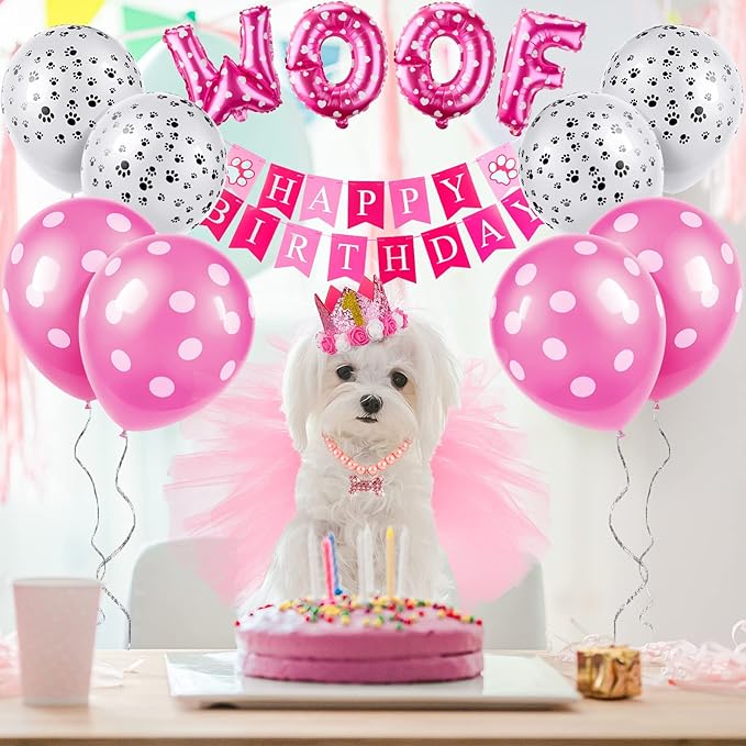 13 Pcs Dog Birthday Party Supplies Decorations Cute Dog Girl Birthday Bandanas Set Pink Tutu Skirt Dog Crown Hat Pearl Necklace Happy Birthday Banner 9 Pink Woof Paw Balloons Toy for Puppy Pet Cat Dog