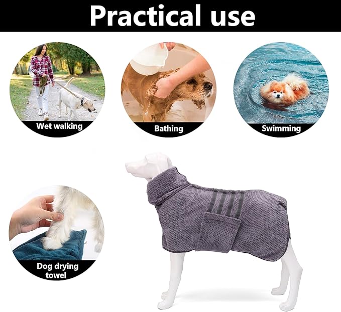 Geyecete Dog Bathrobe Towel Dog Drying Coat-Dry Fast Dog Bag-Pineapple Grid Fast Drying Super Absorbent Pet Dog Cat Bath Robe Towel-Gray-M