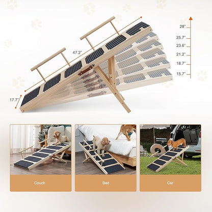 Wooden Dog Ramp for High Bed, 47.2" Long Non-Slip Dog Ramp for Couch, 6 Adjustable Heights from 15.7" to 28" with Side Rails Anti-Slip Traction Mat for Small Medium Large Dogs(Up to 160 Lbs)