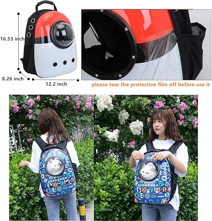 Pet Travel Carrier, Cat Dog Dome Space Capsule Bubble Backpack, Portable Waterproof Breathable Knapsack for Hiking, Traveling (White/red)