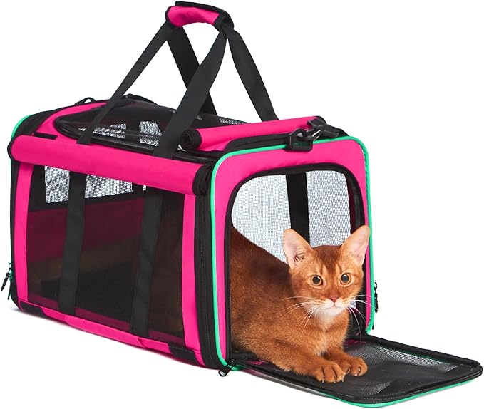 Pet Carrier, Durable Airline Approved Dog Cat Carrier, Collapsible Cat Travel Carrier Bag with Rollable Cover, Soft Cat Carrier for Small Medium Cats & Dogs Under 20 lbs, Pink