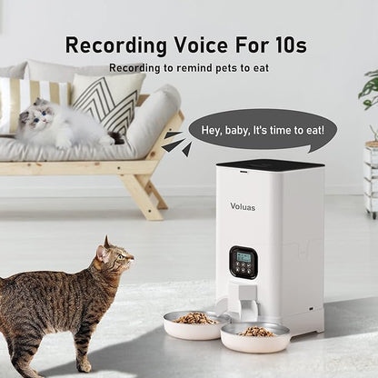 Voluas Automatic Cat Feeders for Two Cats, Double Pet Feeder with 2 Stainless Steel Bowls,6L Timed Cat Feeder with Memory Function, Pet Food Dish