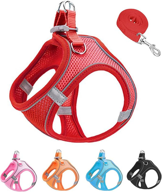 L Red Soft Mesh Dog Harness and Leash Set,No Escape Easy Walk Puppy Harnesses for Training Walking， Reflective Adjustable Puppy Vest for Small Medium Dogs, Cats (Red, L)