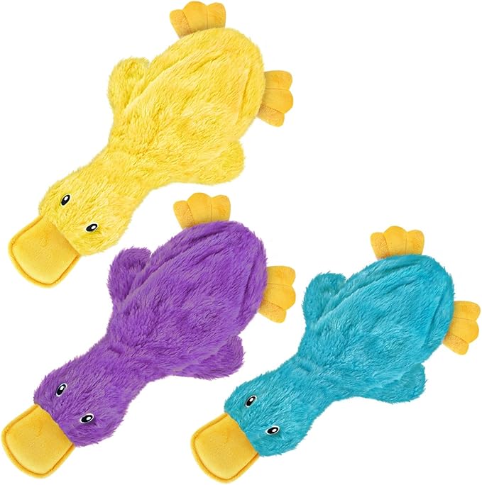 Best Pet Supplies Crinkle Dog Toy for Small, Medium, and Large Breeds, Cute No Stuffing Duck with Soft Squeaker, Fun for Indoor Puppies and Senior Pups, Plush No Mess Chew - Yellow, Purple & Turquoise