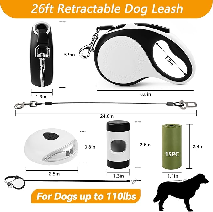 Heavy Duty Retractable Dog Leash for Large Dogs 26ft with 2 Poop 360° No 110Lbs. (White, 26ft)