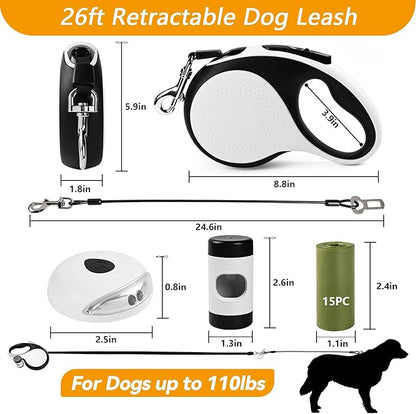 Heavy Duty Retractable Dog Leash for Large Dogs 26ft with 2 Poop 360° No 110Lbs. (White, 26ft)