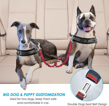 SlowTon Dog Seat Belt, Double Dog Seatbelt Adjustable Vehicle Safety Leash with Elastic Bungee Buffer, Reflective No Tangle Y Shape Two Dog Harness Seat Belt Splitter for Pets Car Trip (Red, M)