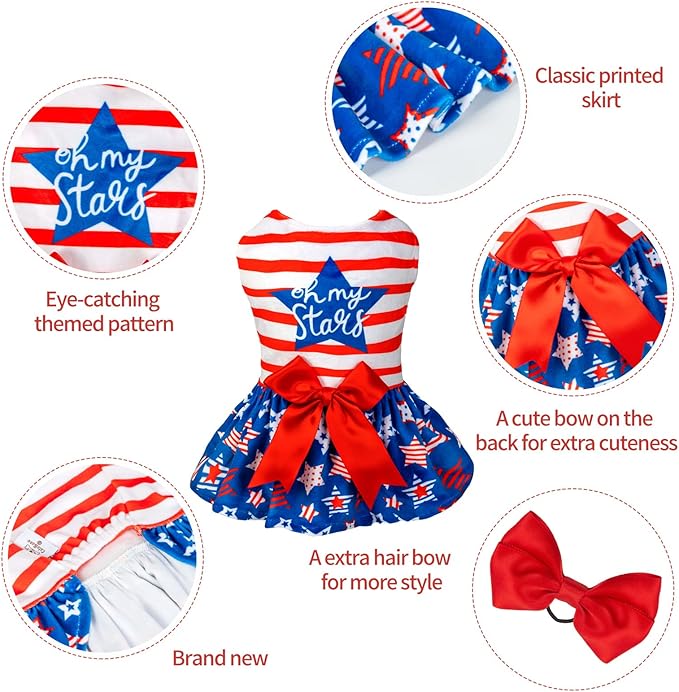 CuteBone Dog Dresses Velvet 4th of July Small Dogs Clothes Onesie Pet Apparel Girl Puppy Skirt with Bow Hair Rope CVA38M-D