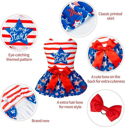 CuteBone Dog Dresses Velvet 4th of July Small Dogs Clothes Onesie Pet Apparel Girl Puppy Skirt with Bow Hair Rope CVA38M-D