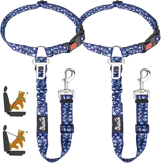 Lukovee Dog Car Seat Belt, 2 Pack Headrest Restraint Seatbelt, Adjustable Pet Safety Leads with Reflective Elastic Bungee for Dog Harness Collar Travel Daily Use (Blue Paw,Headrest+Clip)