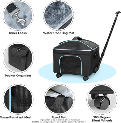 Airline Approved Cat Dog Carrier w Silent Wheel, Pet Carriers for Small Dogs Cats, Soft Travel Carrier Bag w Handle and Shoulder,Ideal for Outdoor (Black)