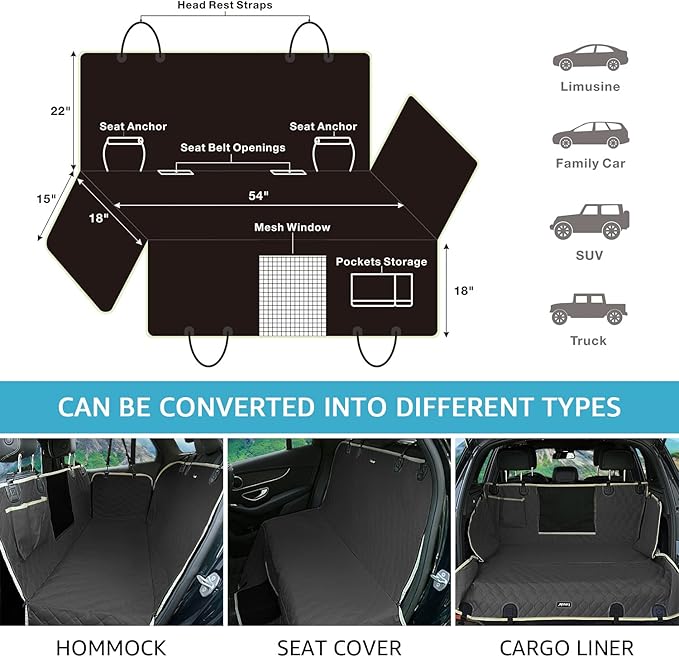 Lassie Dog Car Seat Covers for Back Seat Waterproof with Mesh Visual Window Durable Scratchproof Nonslip Dog Car Hammock with Universal Size Fits for Cars