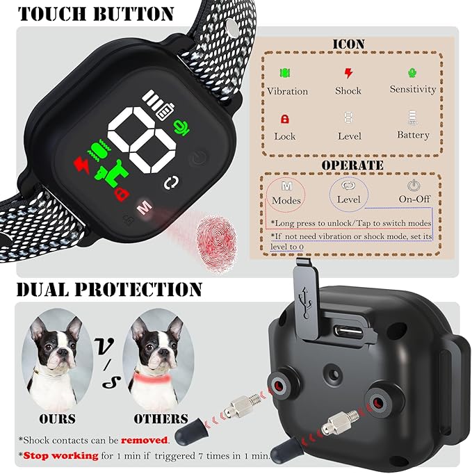 Dog Bark Collar with 3 Modes Sound/Vibration/Shock IP67 Waterproof 8 Adjustable