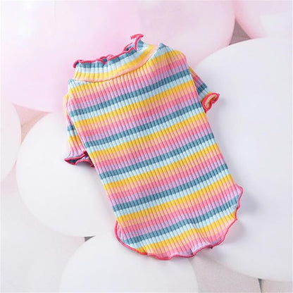 Small Medium Dog Clothes Rainbow Striped Dog Shirts Stretchable Long Sleeve Cat T-Shirt Pet Outfits for Chihuahua Yorkie Teddy (Pink Edge