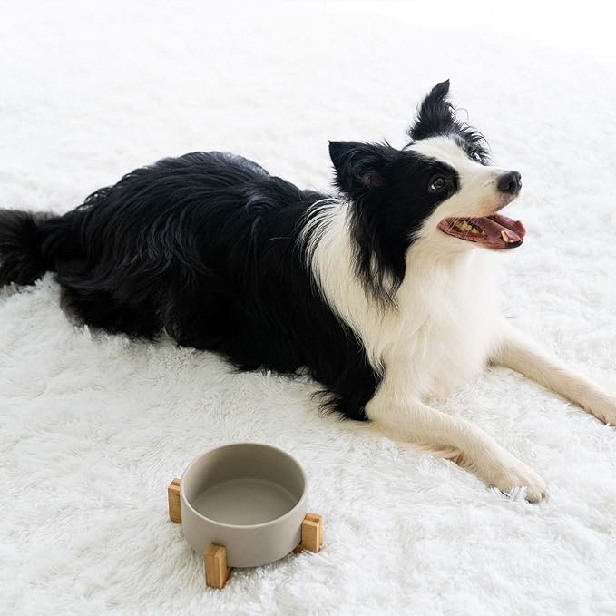 SPUNKYJUNKY Ceramic Dog and Cat Bowl Set with Wooden Stand, Modern Cute Weighted Food Water Set for Small Size Dogs (13.5OZ) & Medium Sized Dogs (28.7OZ) & Cats (7.6 Cups, Grey×1)