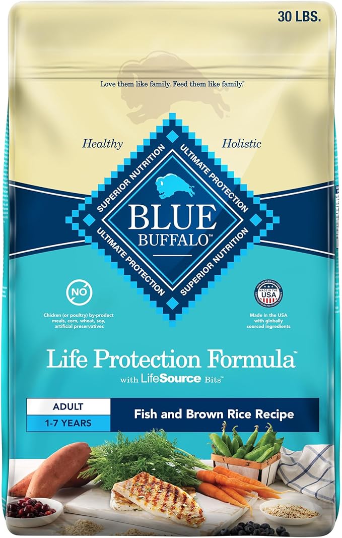 Blue Buffalo Life Protection Formula Adult Dry Dog Food, Helps Build and Maintain Strong Muscles, Made with Natural Ingredients, Fish & Brown Rice Recipe, 30-lb. Bag