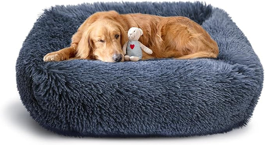 37 Inch Large Dog Beds for Small Medium Large Dogs, Comfy Pet Bed with Sides, Anti Anxiety Fluffy Dog Cuddler Beds, Rectangle Calminging Bed, Blue Grey