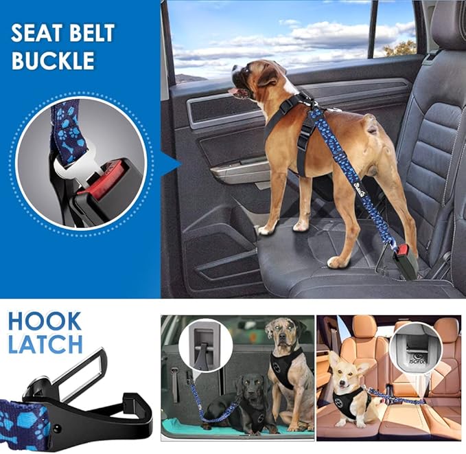 Lukovee Dog Seatbelt Leash for Cars, 2 Pack Pet Safety Car Seat Belt with Adjustable Buckle & Reflective Bungee, Connect Dog Harness in Vehicle Car Dogs Restraint Travel Daily Use (Blue Paw)