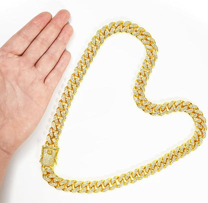 Gold Dog Chain Collar Diamond Cuban Link Dog 13mm Wide Cats(14inch)