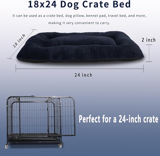 24x18 Dog Bed for Crate Washable,Puppy Bed for Crate 24inch Luxury Faux Fur Soft Cozy Pet Bed for 25lb Dog,24 Inch Dog Crate Bed with Anti-Slip Bottom Calming Anti Anxiety Comfortable Sleep(Navy Blue)