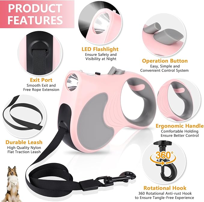 Retractable Dog Leash with Flashlight 16ft Walking Leash for Dogs up to 77lbs 360° Tangle-Free