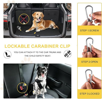 Dog Seat Belt Harness for Car, 5-in-1 Coated Wire Dog Seatbelt, HYLIYAKI Shock Spring-Loaded No Chew Pet Dog Car Seatbelt Leash, with Removable Reflective Short Leash(Black, 16 inch/40 CM)