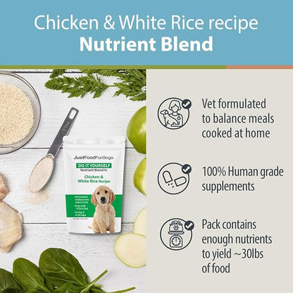 JustFoodForDogs DIY Nutrient Blend for Homemade Dog Food, Chicken & White Rice, 7.93oz