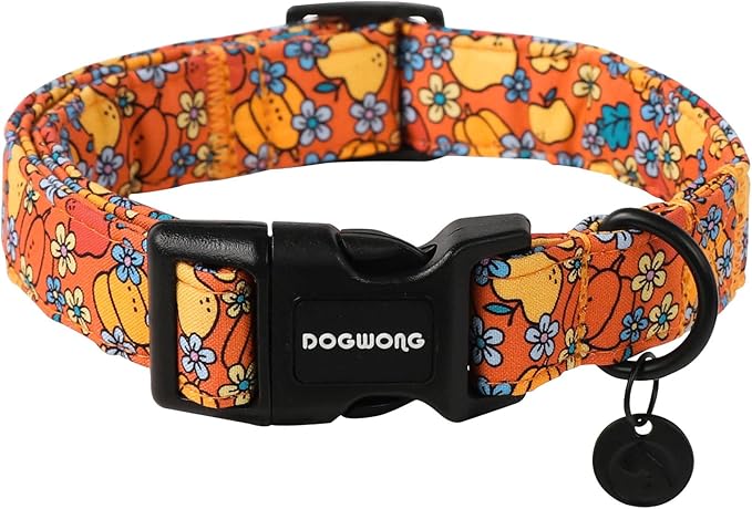 DOGWONG Fall Pumpkin Dog Collar, Orange Pumpkim Floral Halloween Dog Collar Cute Comfortable Pumpkim Fall Holiday Dog Collar for Small Puppy Dog