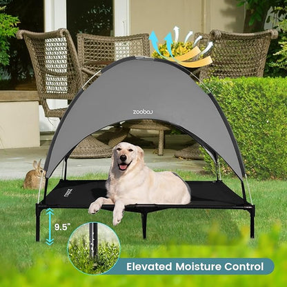 50" Elevated Outdoor Dog Bed with Canopy, XLarge Cooling Raised Pet Cot with Removable Sunshade for Camping, Deluxe 600D PVC with 2x1 Textilene Dog Bed