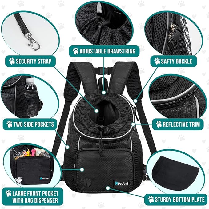 PetAmi Dog Front Carrier Backpack, Adjustable Dog Pet Cat Chest Carrier Backpack, Ventilated Dog Carrier for Hiking Camping Travel, Small Medium Dog Puppy Large Cat Carrying Bag, Max 10 lbs, Black