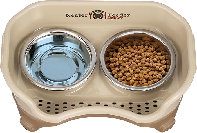 Neater Feeder - Express Model - Mess-Proof Dog Bowls (Small, Cappuccino) – Made in USA – Elevated, No Spill, Non-Tip, Non-Slip, Raised Stainless Steel Food & Water Pet Bowls