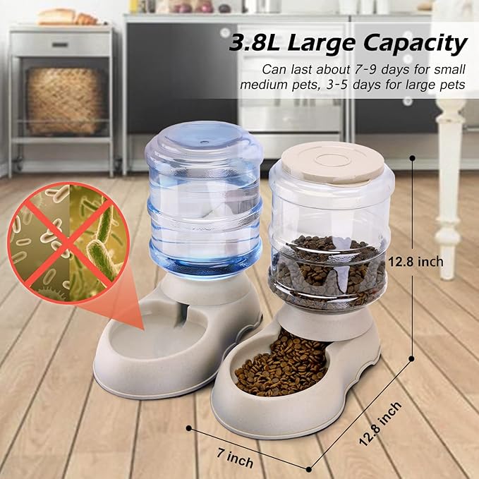 2 Pack Automatic Cat Feeder and Water Dispenser in Set Gravity Food Feeder and Waterer Pet Food Bowl for Small Medium Dog Pets Puppy Kitten Big Capacity 1 Gallon x 2