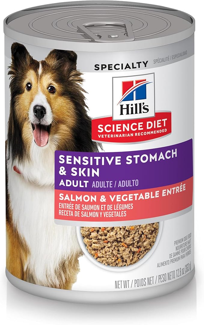 Hill's Science Diet Sensitive Stomach & Skin, Adult 1-6, Stomach & Skin Sensitivity Support, Wet Dog Food, Salmon & Vegetables Loaf, 12.8 oz Can, Case of 12