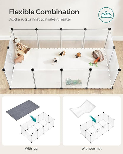 SONGMICS Pet Playpen with Floor, Small Animal Pen, Pet Fence Indoor, DIY Plastic Enclosure for Hamsters, Rabbits, Hedgehogs, Ferrets, 56.3 x 28.7 x 18.1 Inches, White ULPC02W