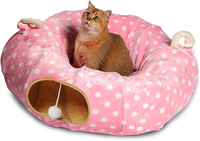 AUOON Cat Tunnel Bed with Central Mat,Big Tube Playground Toys,Soft Plush Material,Full Moon Shape for Kitten,Cat,Puppy,Dog,Rabbit,Ferret,Pink