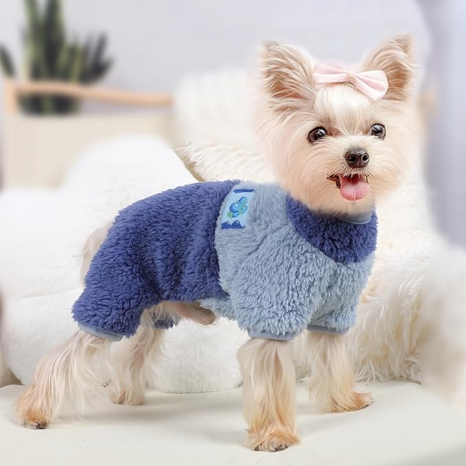 Dog Pjs for Small Dogs Chihuahua Yorkie Clothes Fleece Warm Puppy Pajamas Sweater Onesie Pink Pet Clothes Outfit Apparel (Blue