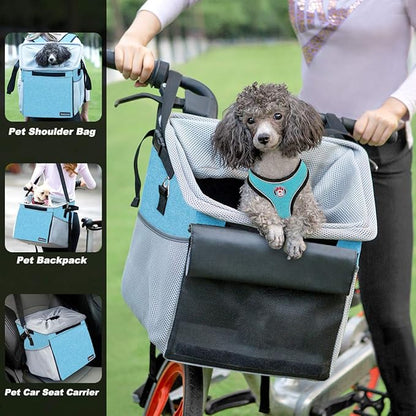 Pet Carrier Bicycle Basket Bag Pet Carrier/Booster Backpack for Dogs and Cats with Big Side Pockets,Comfy & Padded Shoulder Strap,Travel with Your Pet Safety（Blue）