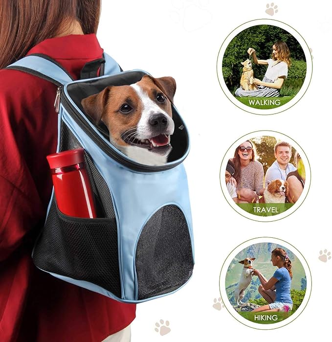 Dog Carrier Backpack Breathable for Small Pets/Cats/Puppies, Pet Carrier Bag with Mesh Ventilation, Safety Features and Cushion Back Support, for Traveling, Hiking, Camping, Walking & Outdoor (Blue)