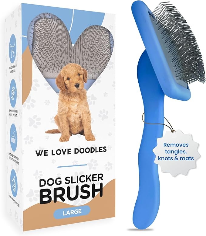 We Love Doodles Dog Slicker Brush for Grooming Pet Hair - Best Brushes For Poodle & Golden Doodle - Long Haired Brush For Dogs - Goldendoodle Long Pin Brush For Dematting (Large)