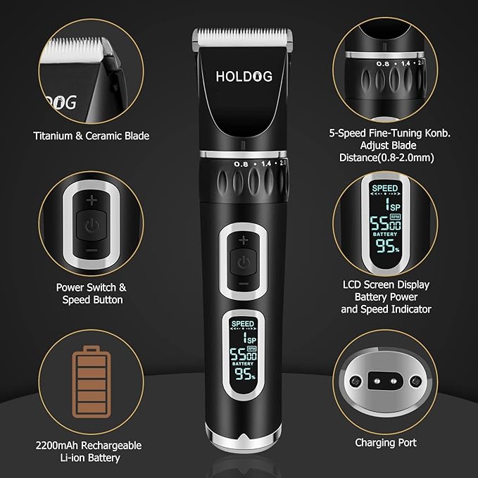 Dog Clippers Professional Heavy Duty Dog Grooming Clipper 3-Speed Low Noise High Power Rechargeable Cordless Pet Grooming Tools for Small & Large Dogs Cats Pets with Thick & Heavy Coats