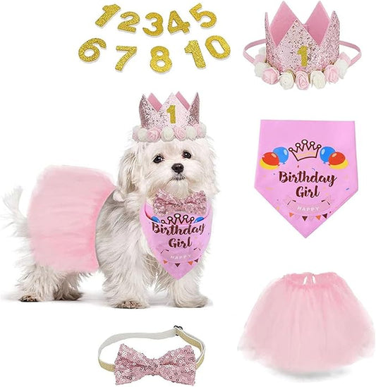 Dog Birthday Party Supplies Set,Boy Girls Dog Birthday Bandana,Cute Small dog Birthday Hat,Tutu,Dog Bow Tie Collar with 0-8 Numbers,Birthday Decorations for pet,Dogs&cats First Birthday (pink-1, Small