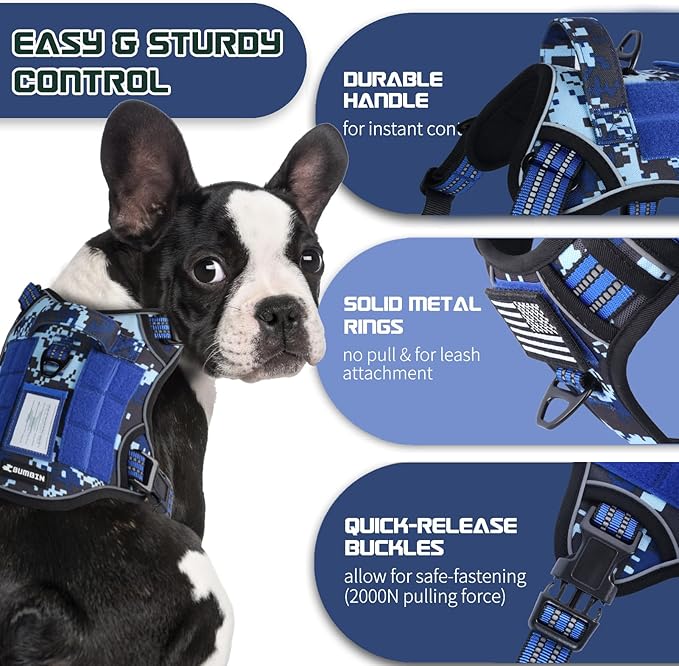 BUMBIN Tactical Dog Harness for Medium Dogs No Pull, Famous TIK Tok No Pull Puppy Harness, Fit Smart Reflective Pet Walking Harness for Training, Adjustable Dog Vest Harness with Handle Blue Camo M