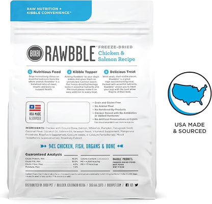 BIXBI Rawbble Freeze Dried Dog Food, Chicken & Salmon Recipe, 4.5 oz - 94% Meat and Organs, No Fillers - Pantry-Friendly Raw Dog Food for Meal, Treat or Food Topper - USA Made in Small Batches